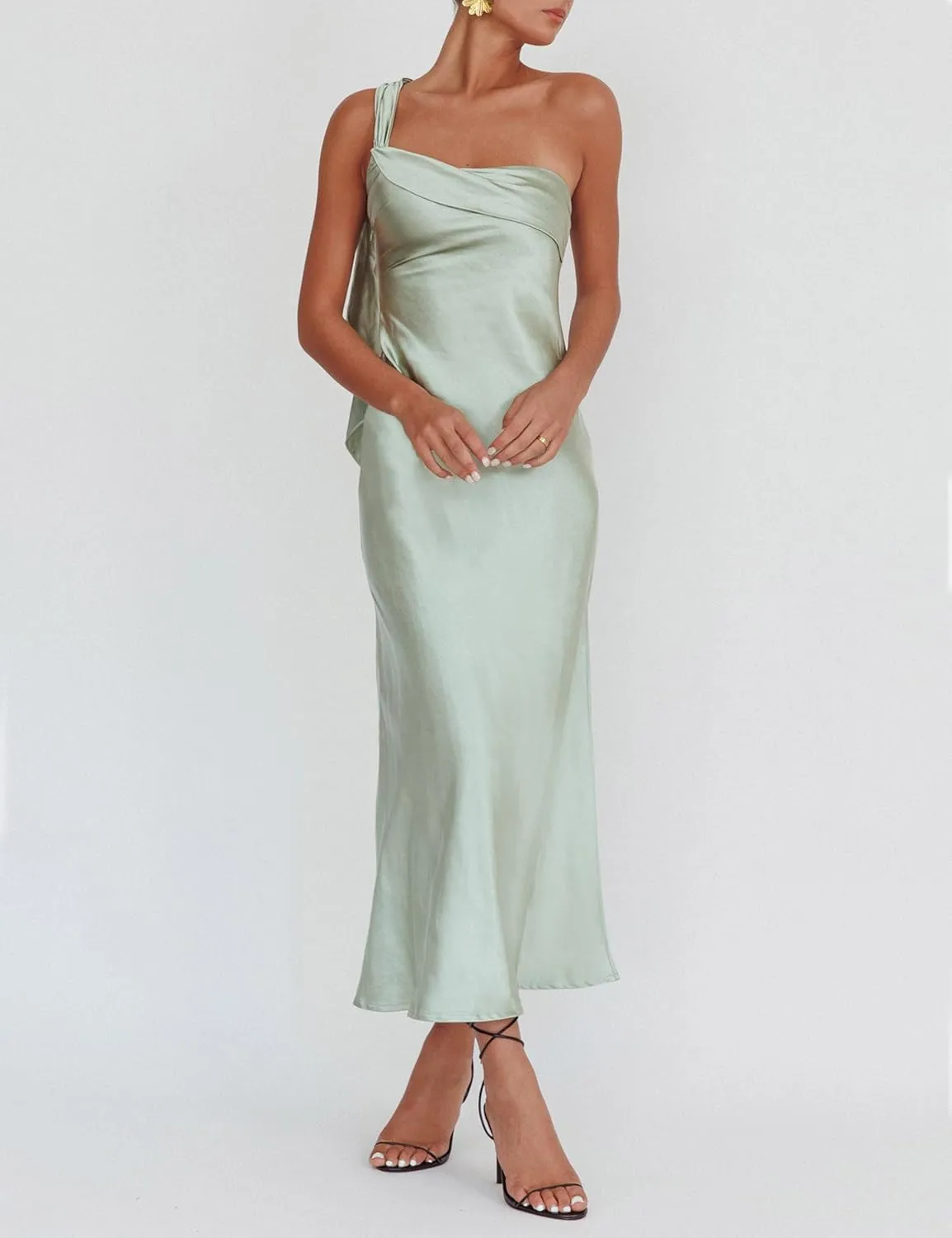 2025 Satin One Shoulder Maxi Dress for Women Summer Silk Formal Elegant Backless Ruffle Sleeveless Wedding Guest Dresses