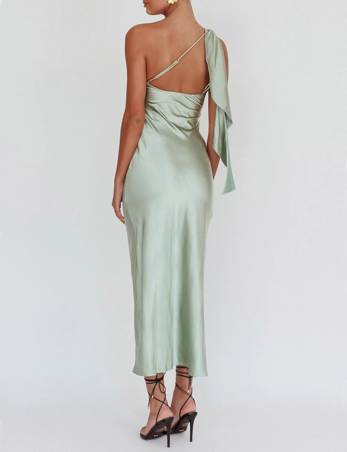 2025 Satin One Shoulder Maxi Dress for Women Summer Silk Formal Elegant Backless Ruffle Sleeveless Wedding Guest Dresses