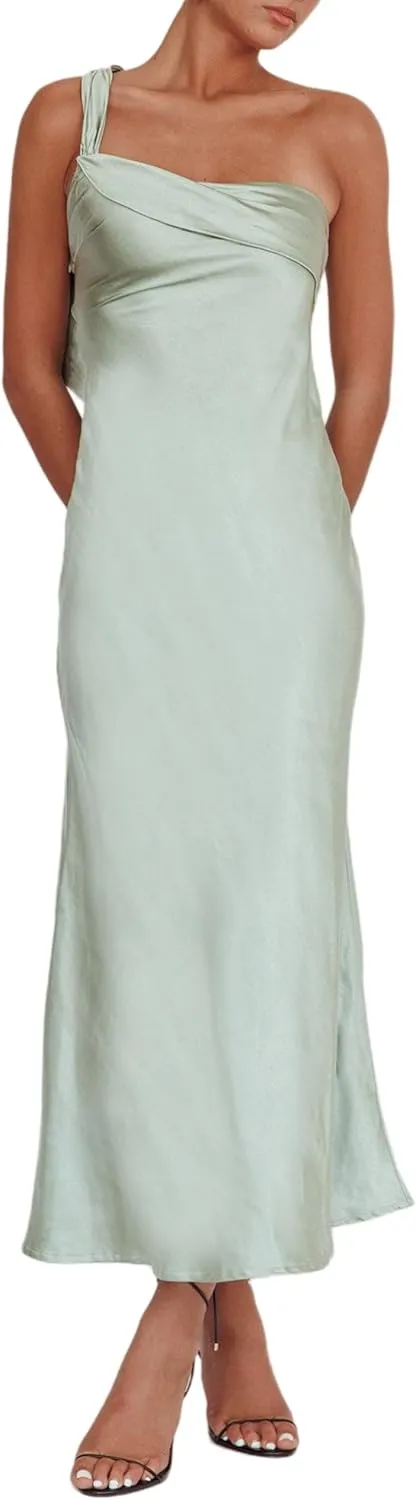 2025 Satin One Shoulder Maxi Dress for Women Summer Silk Formal Elegant Backless Ruffle Sleeveless Wedding Guest Dresses