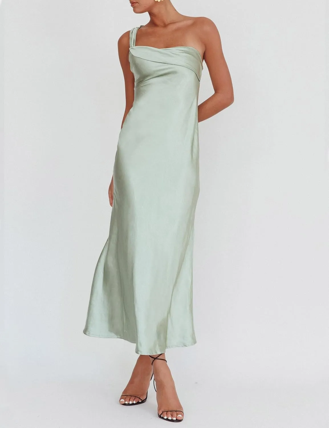 2025 Satin One Shoulder Maxi Dress for Women Summer Silk Formal Elegant Backless Ruffle Sleeveless Wedding Guest Dresses