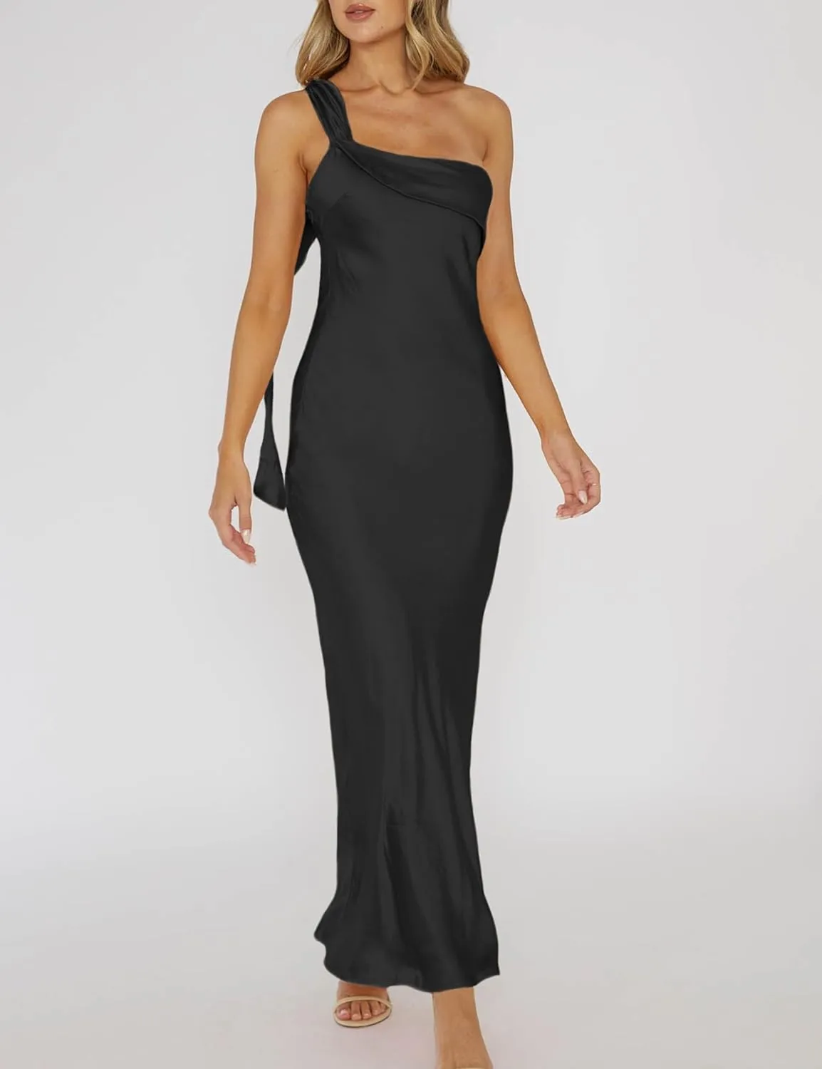 2025 Satin One Shoulder Maxi Dress for Women Summer Silk Formal Elegant Backless Ruffle Sleeveless Wedding Guest Dresses