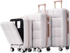 3 Piece Luggage Set with USB Port and Front Opening Design, Durable ABS Hard Shell, Spinner Wheels, Cup Holder, Light Grey