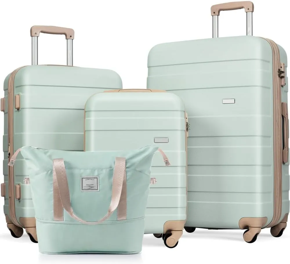 4 Piece Luggage Sets, ABS Hardshell Expandable Suitcase with 360 Spinner Wheels,Carry-On & Checked Durable Luggage Set for International Travel, Business, Family Trips (Green)