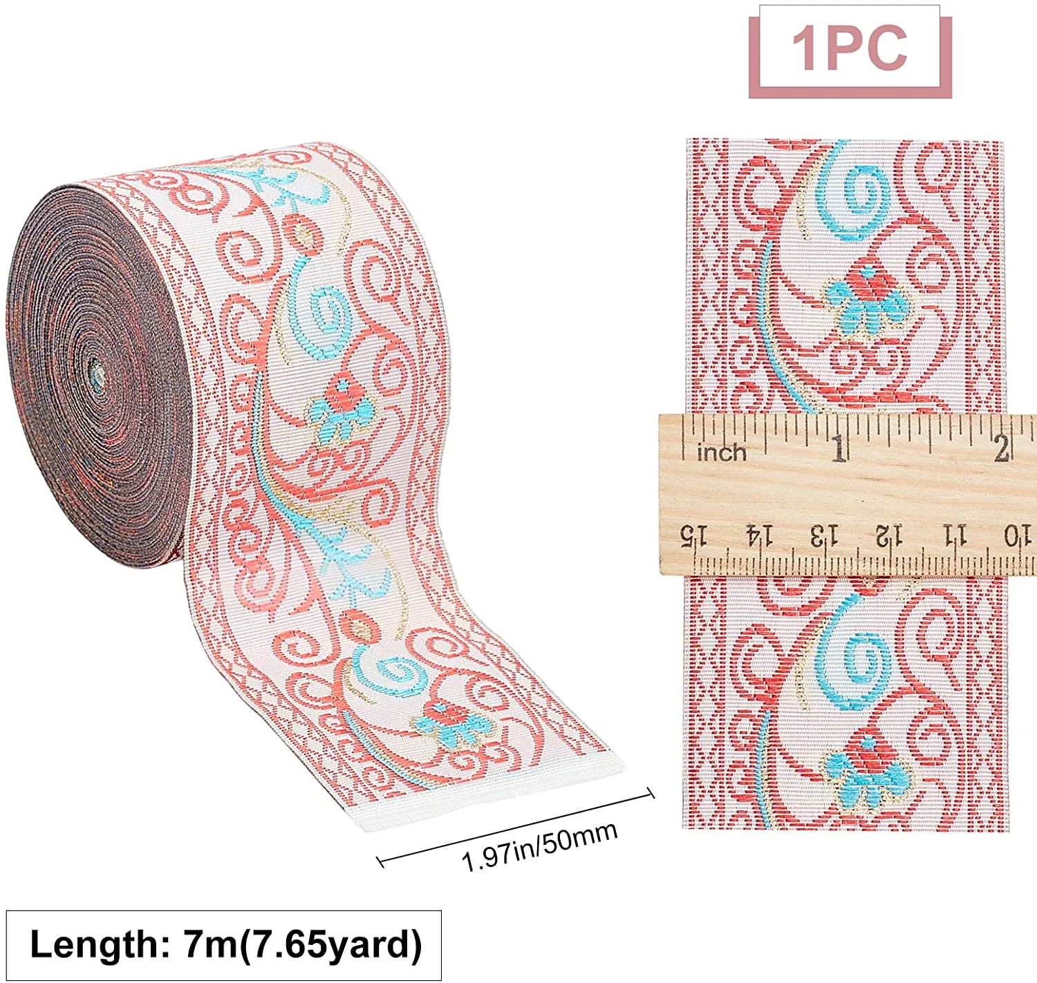 7.65 Yard Embroidered Jacquard Ribbon 2 Width Vintage Embroidered Ribbon Floral Woven Trim Fabric for Embellishment Craft Supplies, Pink