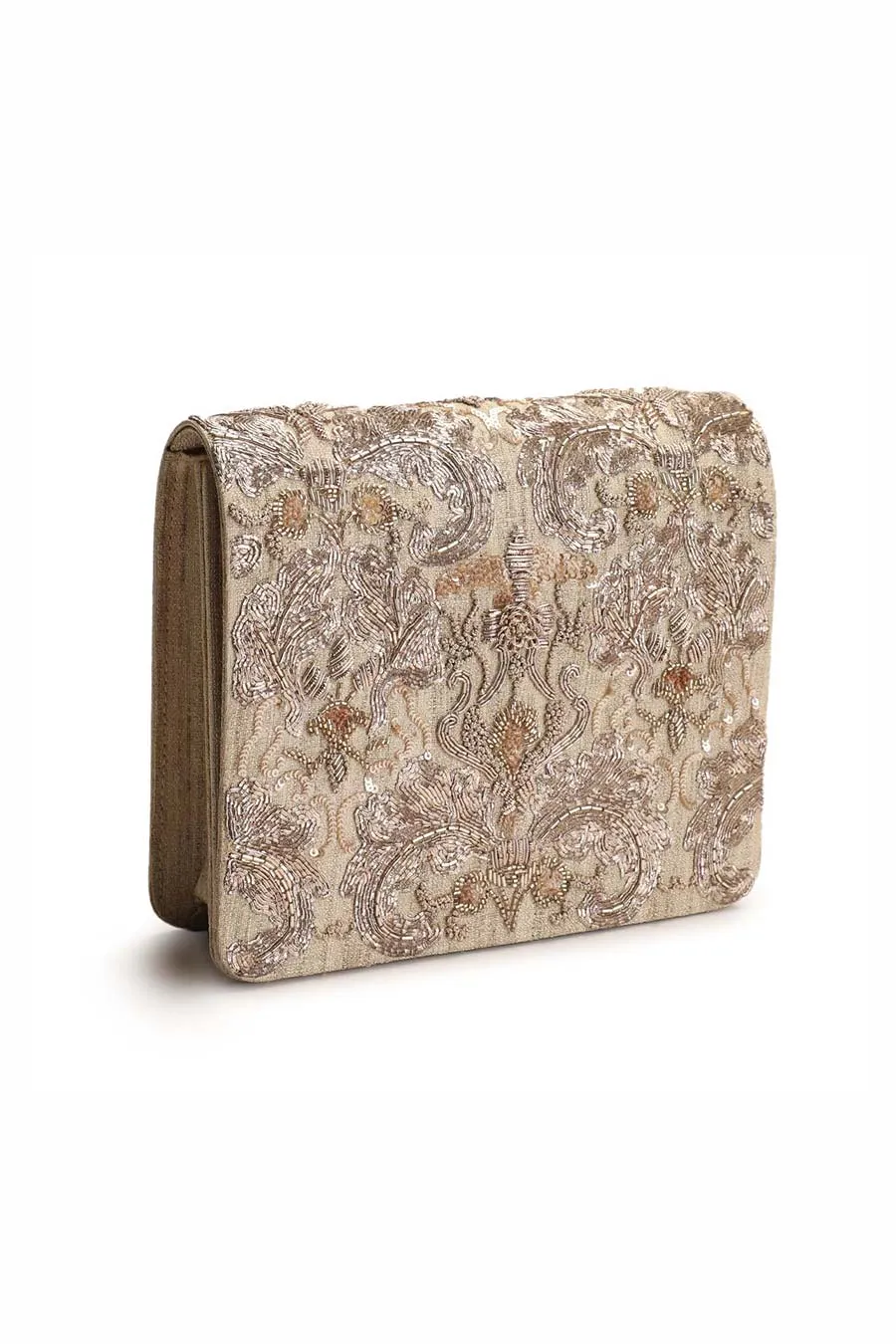 Beige Rosehara Hand-Embroidered Clutch