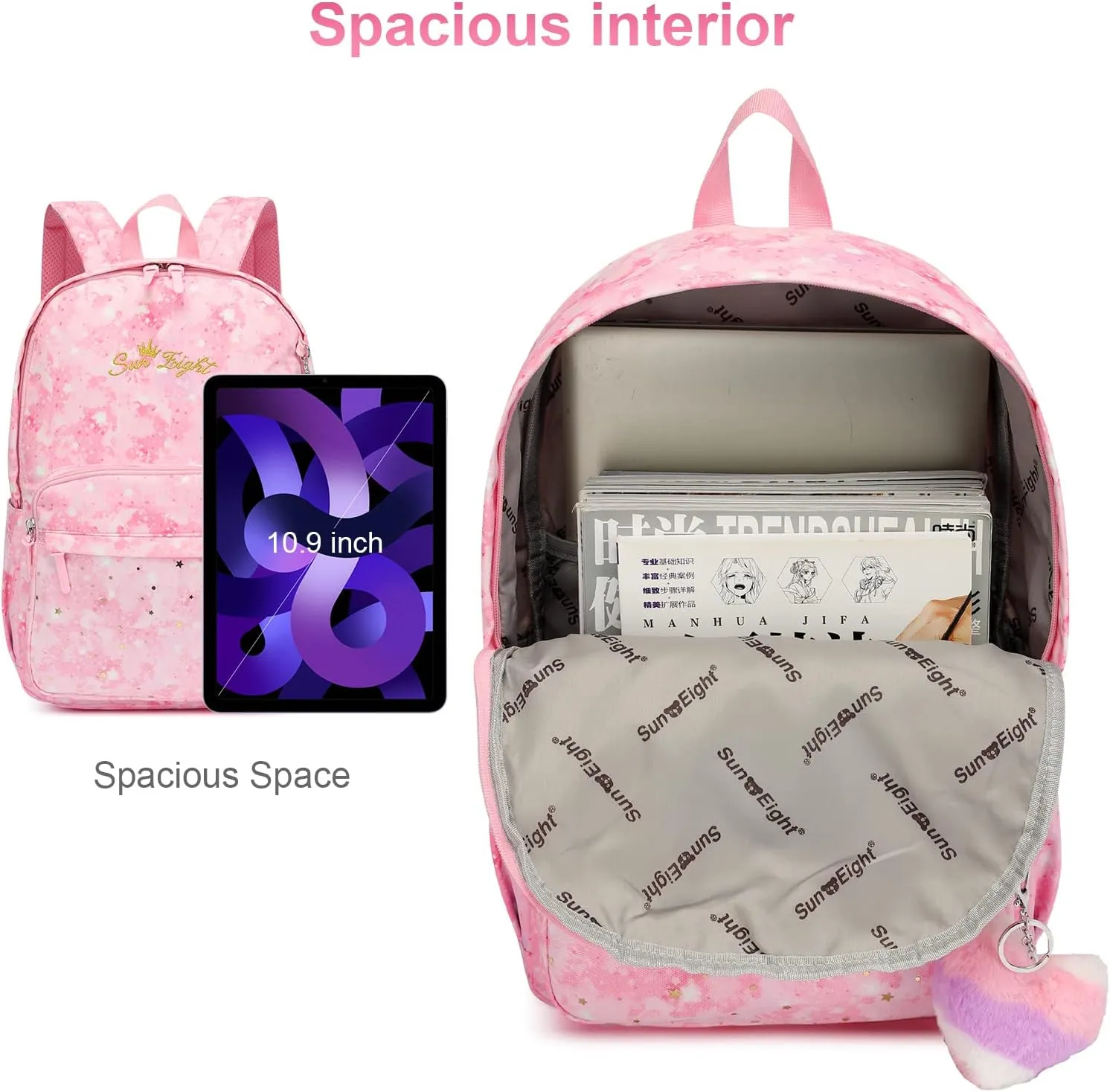 Caran·Y Waterproof Girls School Backpack for Kids 6-18 | Lightweight Durable Book Bag with Cute Love & Starry Sky Design Spacious Elementary Backpack Charm Pendant(Pink)