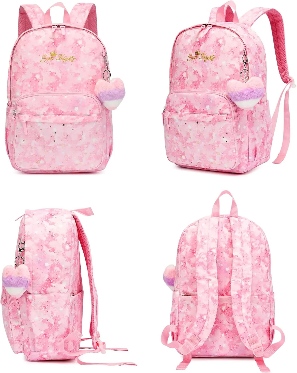 Caran·Y Waterproof Girls School Backpack for Kids 6-18 | Lightweight Durable Book Bag with Cute Love & Starry Sky Design Spacious Elementary Backpack Charm Pendant(Pink)