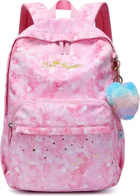 Caran·Y Waterproof Girls School Backpack for Kids 6-18 | Lightweight Durable Book Bag with Cute Love & Starry Sky Design Spacious Elementary Backpack Charm Pendant(Pink)