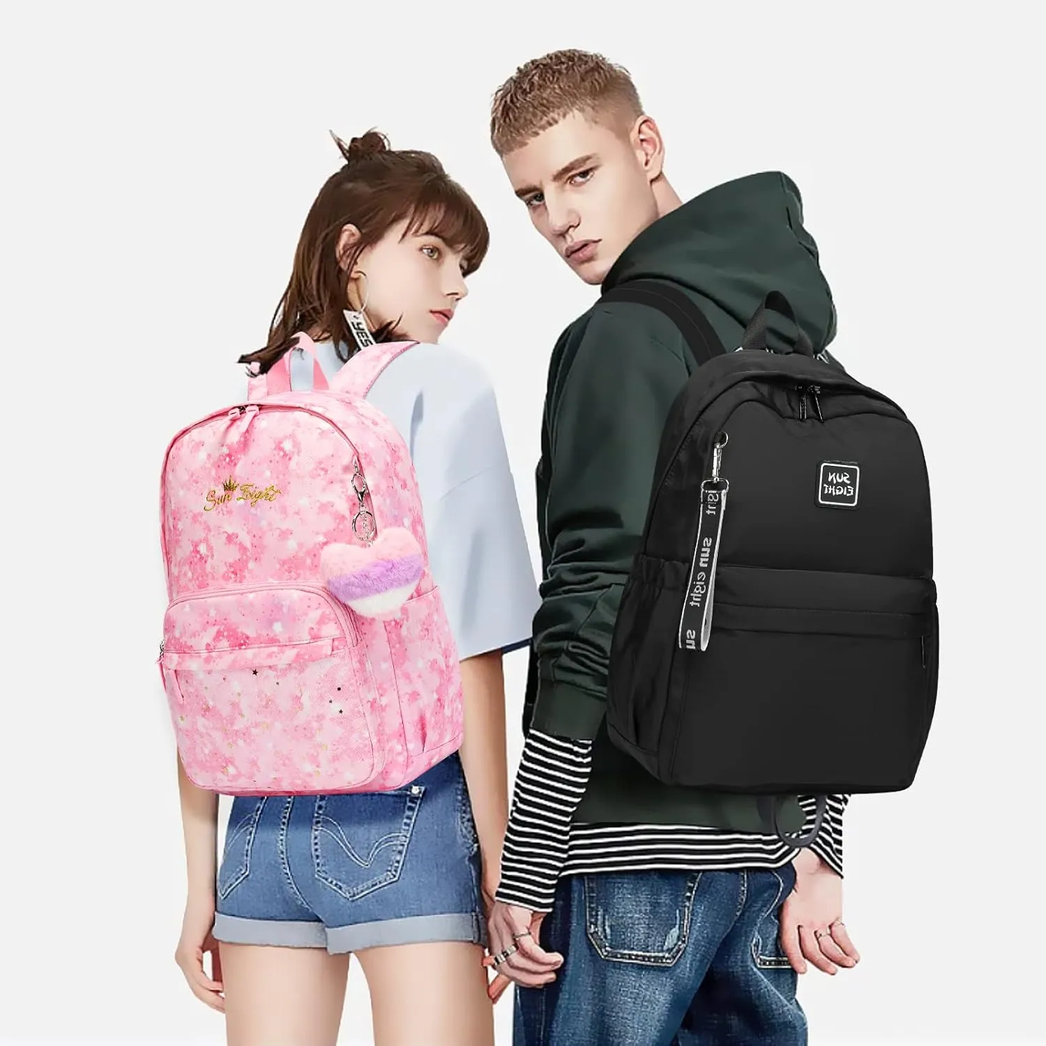 Caran·Y Waterproof Girls School Backpack for Kids 6-18 | Lightweight Durable Book Bag with Cute Love & Starry Sky Design Spacious Elementary Backpack Charm Pendant(Pink)