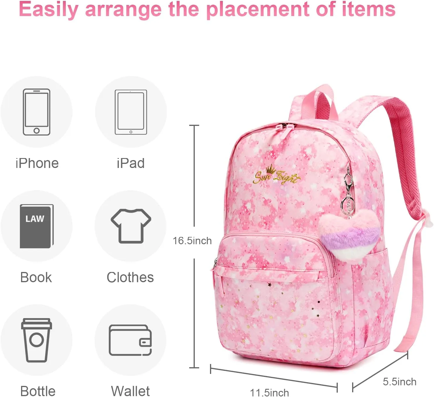 Caran·Y Waterproof Girls School Backpack for Kids 6-18 | Lightweight Durable Book Bag with Cute Love & Starry Sky Design Spacious Elementary Backpack Charm Pendant(Pink)