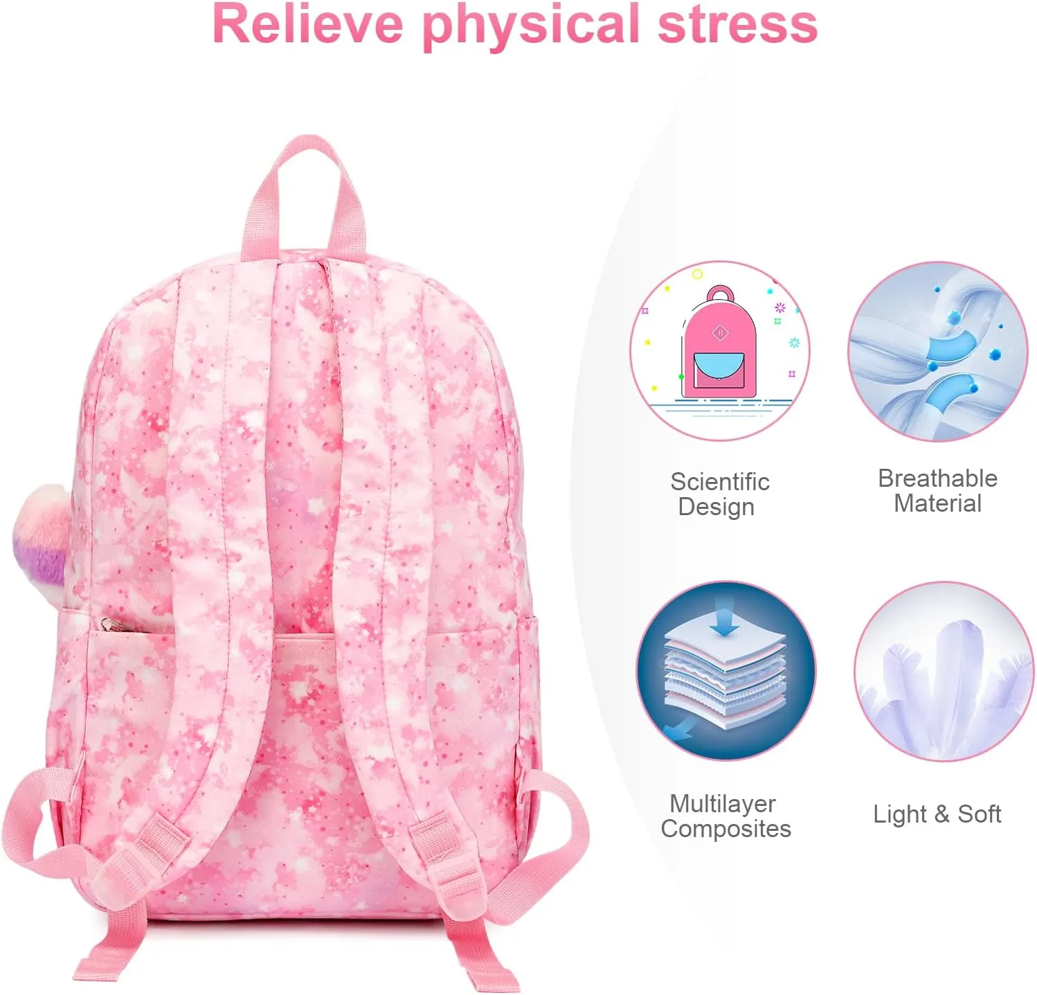 Caran·Y Waterproof Girls School Backpack for Kids 6-18 | Lightweight Durable Book Bag with Cute Love & Starry Sky Design Spacious Elementary Backpack Charm Pendant(Pink)