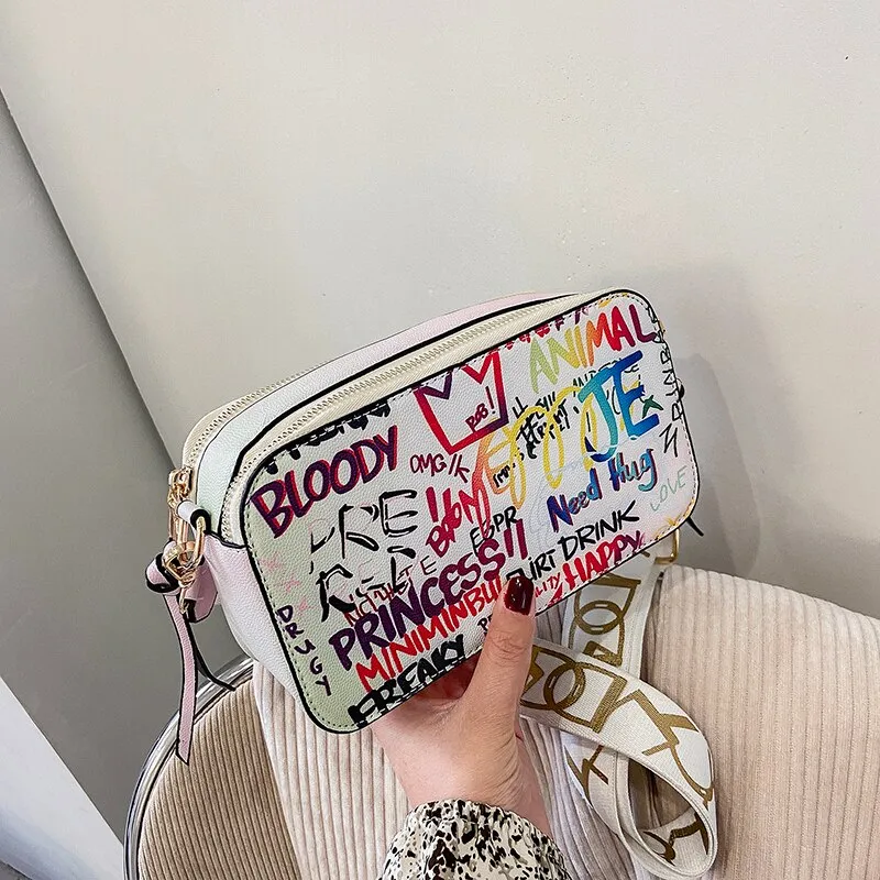 Christmas Gift с доставкой Graffiti Design Small PU Leather Crossbody Shoulder Bags for Women 2021 Lady Trendy Travel Branded Handbags Purses