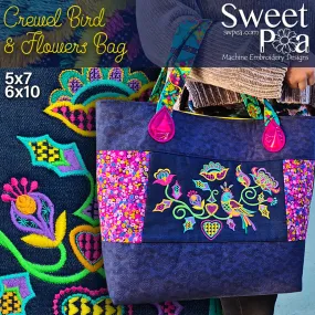 Crewel bird and flowers bag 5x7 6x10