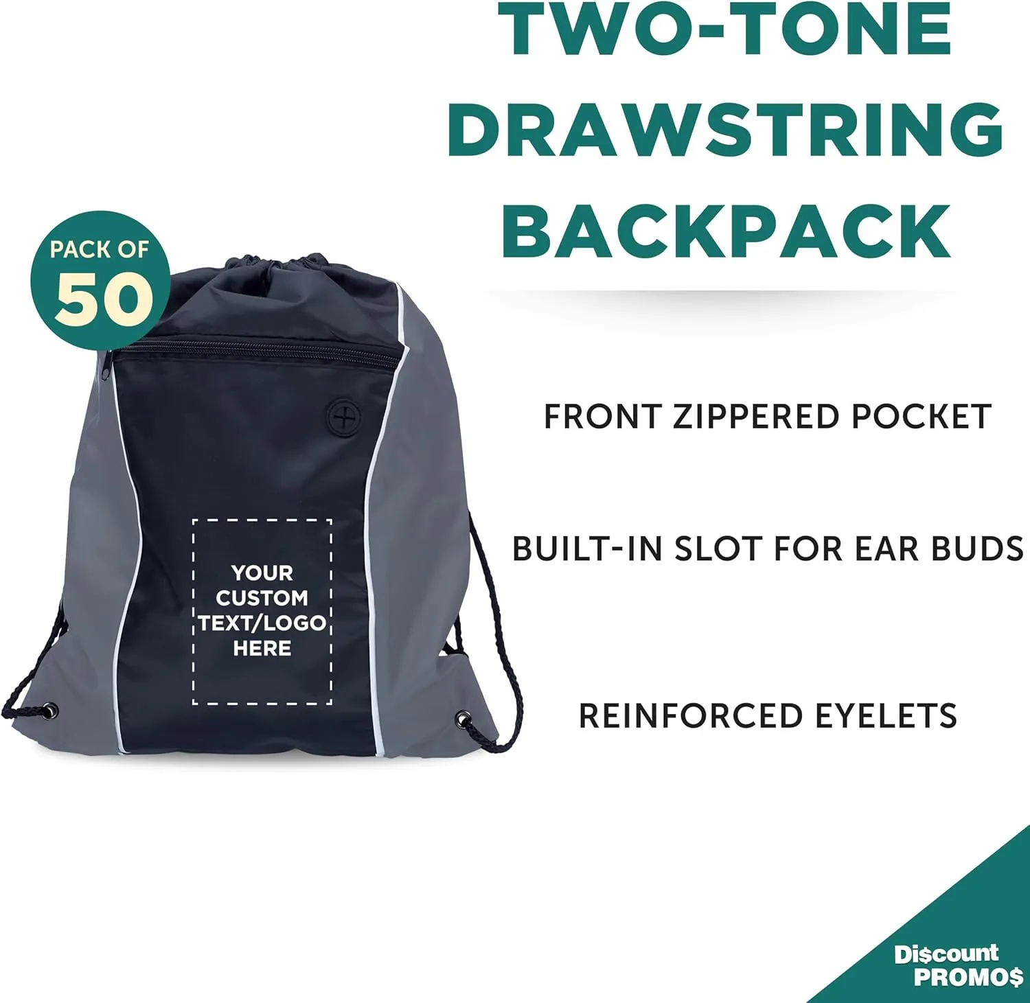 DISCOUNT PROMOS Two-Tone Drawstring Backpack Non-Woven - 50 pack - Customizable Text, Logo - Durable Sports Backpacks - Ideal for Work, Sports, Travel, Gym & More - Grey