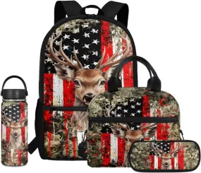 Dolyues Deer with American Flag Boys Backpack Purse Set with Lunch Box Cool School Backpack Boys Large 4pcs Boys School Bookbag Age 10-12 with Pencil Box Water Bottle Back to School Gifts