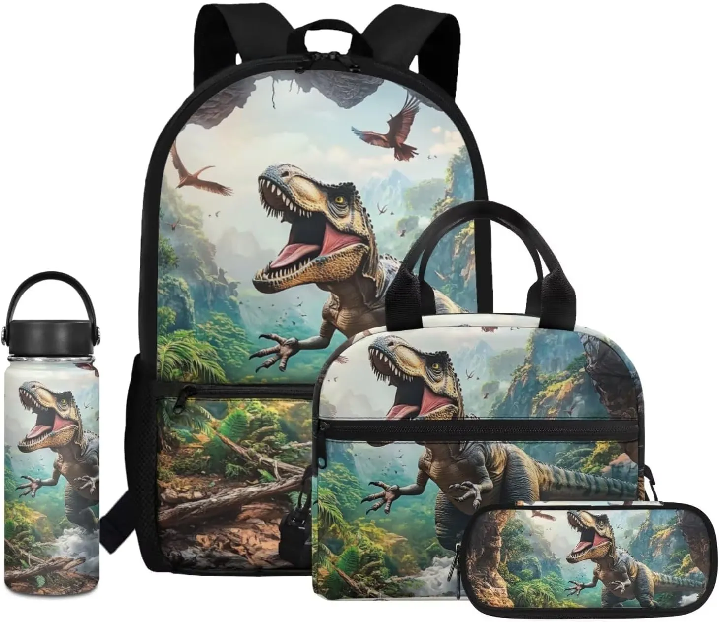 Dolyues Dinosaur Boys Backpacks Ages 4-6 with Lunch Box Cool Backpack for Boys Waterproof Boys Bookbag with Pencil Case and Water Bottle 4pcs for College Middle School Boys Travel