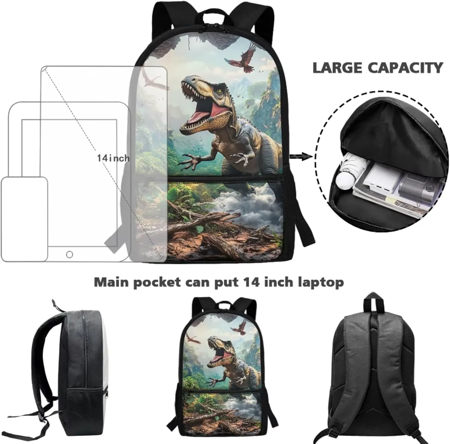 Dolyues Dinosaur Boys Backpacks Ages 4-6 with Lunch Box Cool Backpack for Boys Waterproof Boys Bookbag with Pencil Case and Water Bottle 4pcs for College Middle School Boys Travel