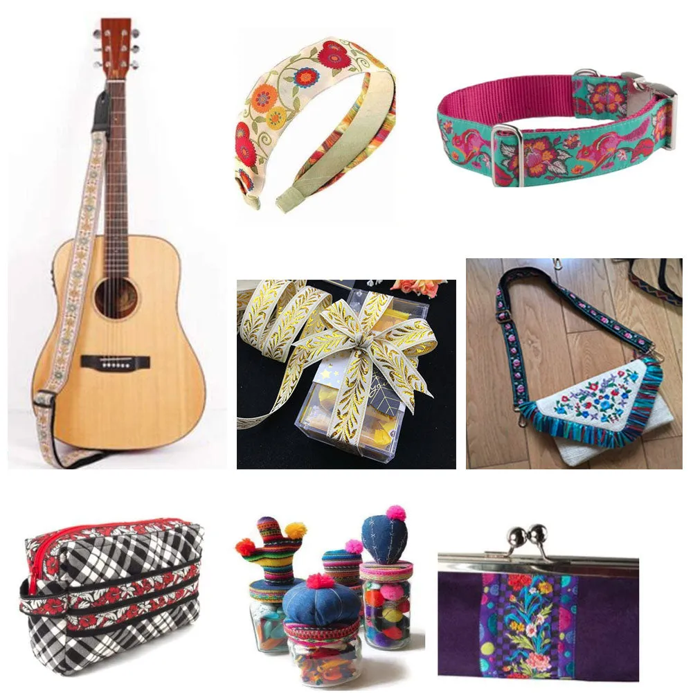 Embroidery Polyester Ribbons, Jacquard Ribbon, Garment Accessories, Floral Pattern, Black, 51mm; about 7m/bundle