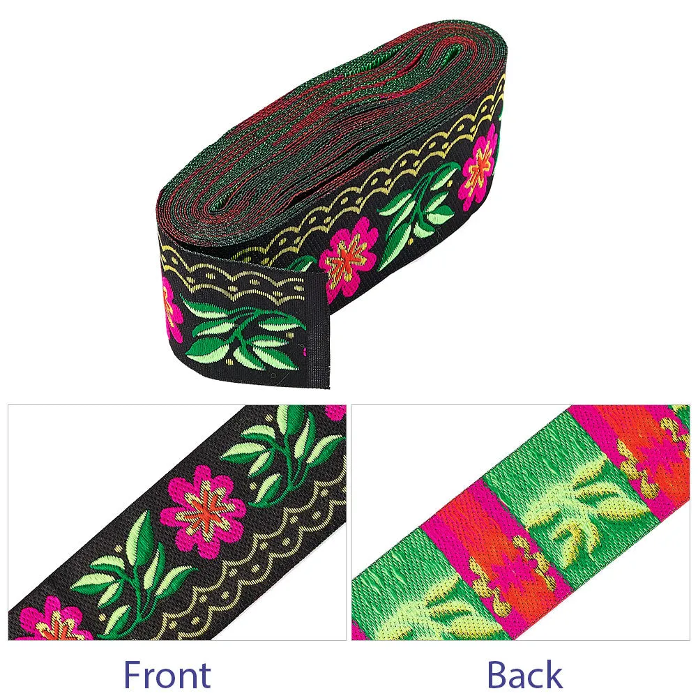 Embroidery Polyester Ribbons, Jacquard Ribbon, Garment Accessories, Floral Pattern, Black, 51mm; about 7m/bundle