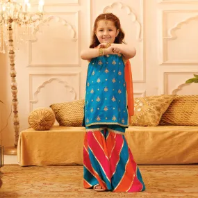 Girls Raw Silk Sleeve Less 3Pcs Bahaar - Blue