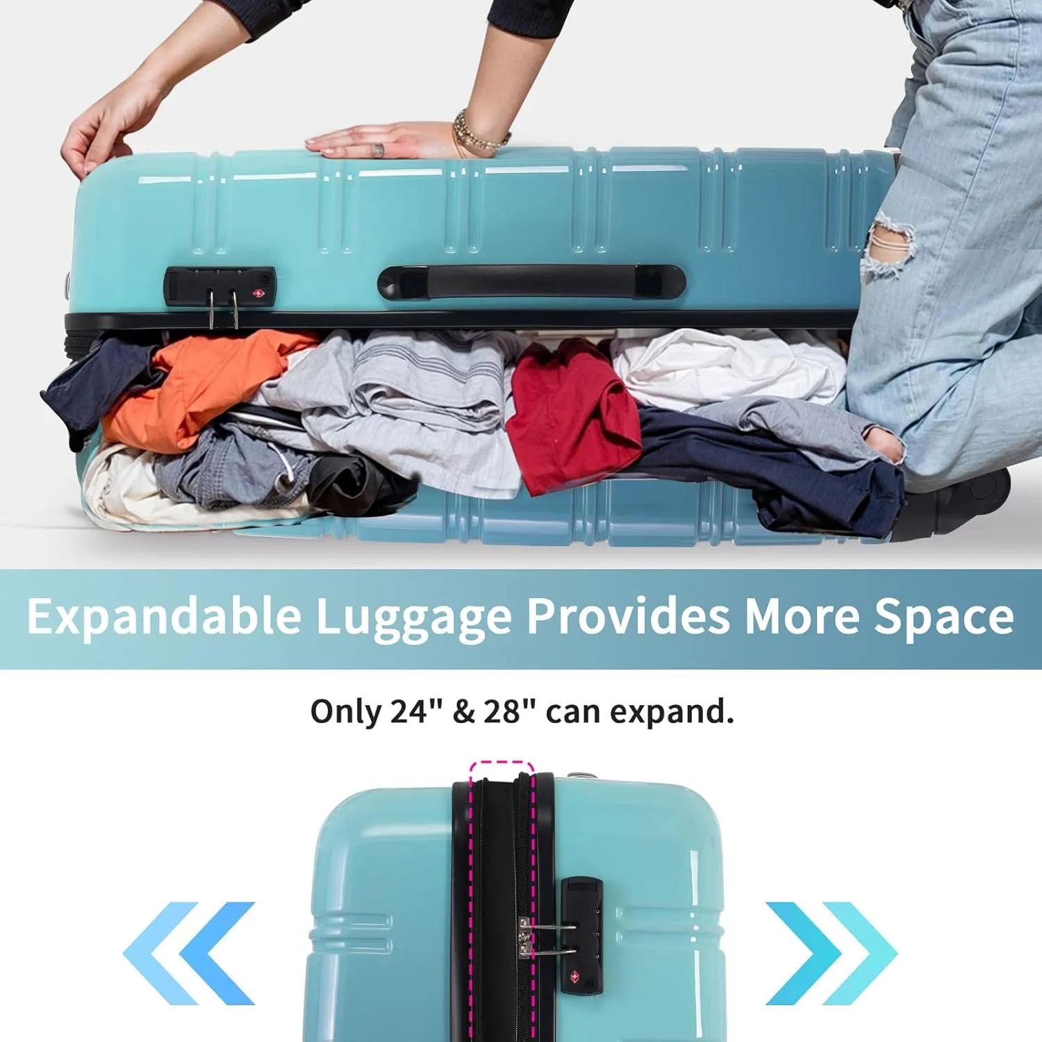 Hard Luggage Sets 3 Piece with Spinner Wheels, Gradient Color Luggage Sets with TSA Lock for Women Girls Teens, Expandable, Lightweight (20/24/28) (Light Blue Multi)