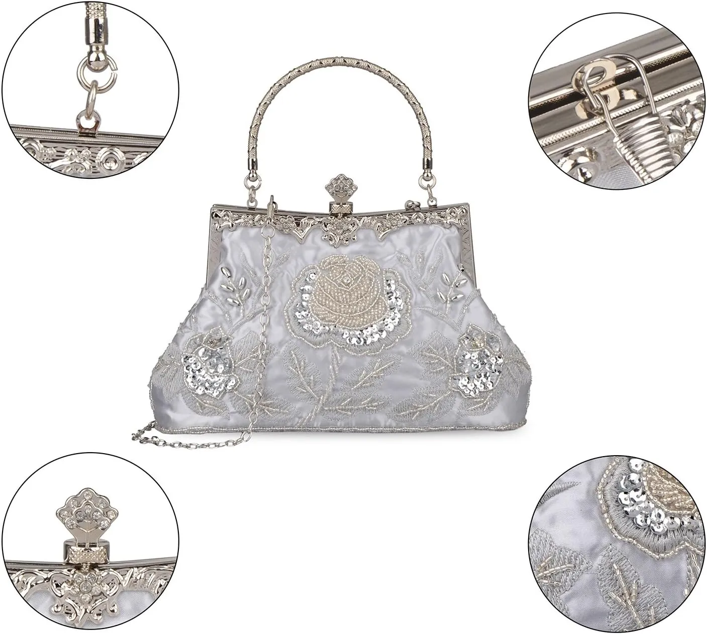 KISSCHIC Women's Handbag Vintage Rose Embroidered Beaded Sequin Evening Bag Wedding Party Clutch Purse