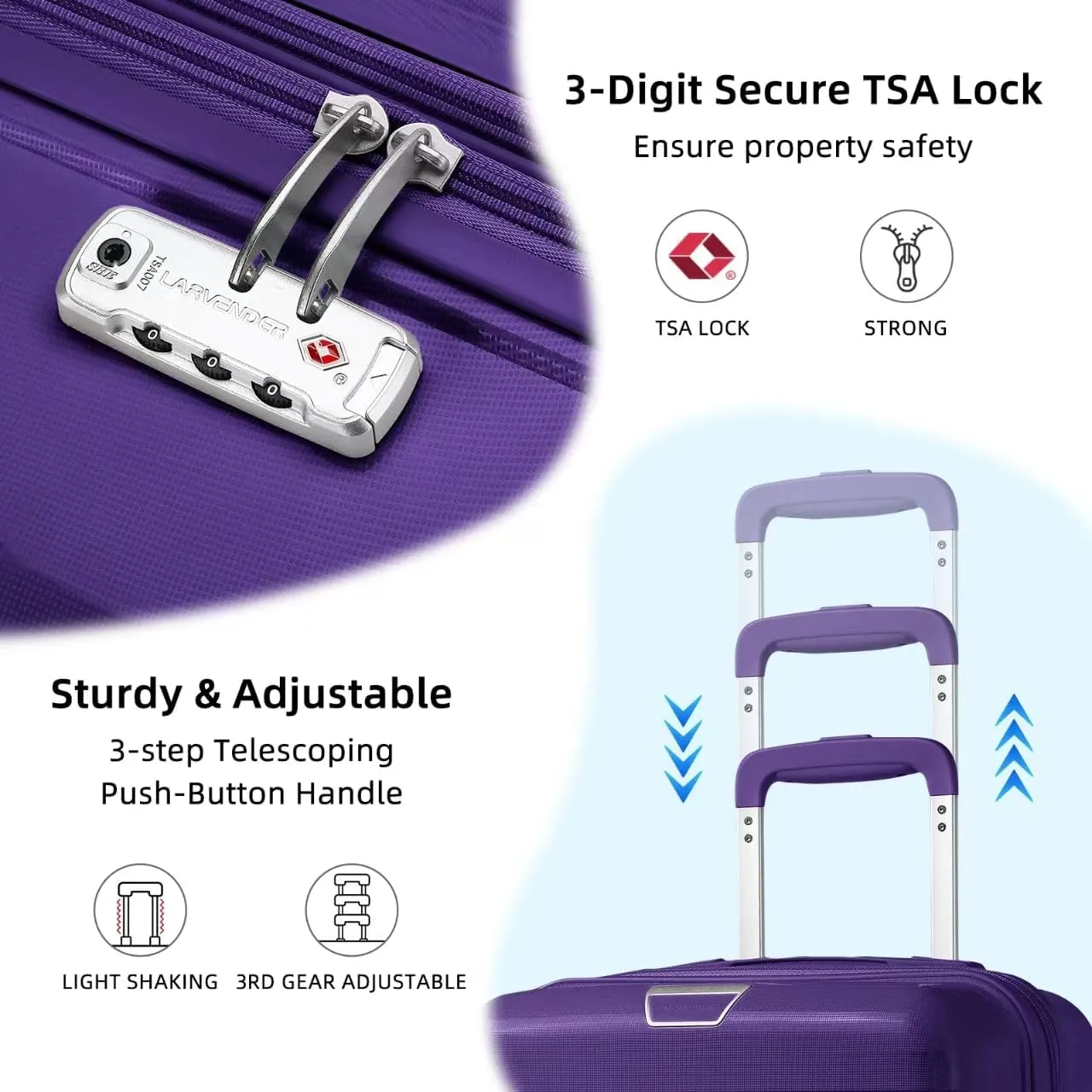 LARVENDER Luggage Sets 3 Piece with Duffel Bag Hardside PP Carry On Suitcase with 360 Spinner Wheels TSA Lock Luggage Sets for Women, Grape Purple
