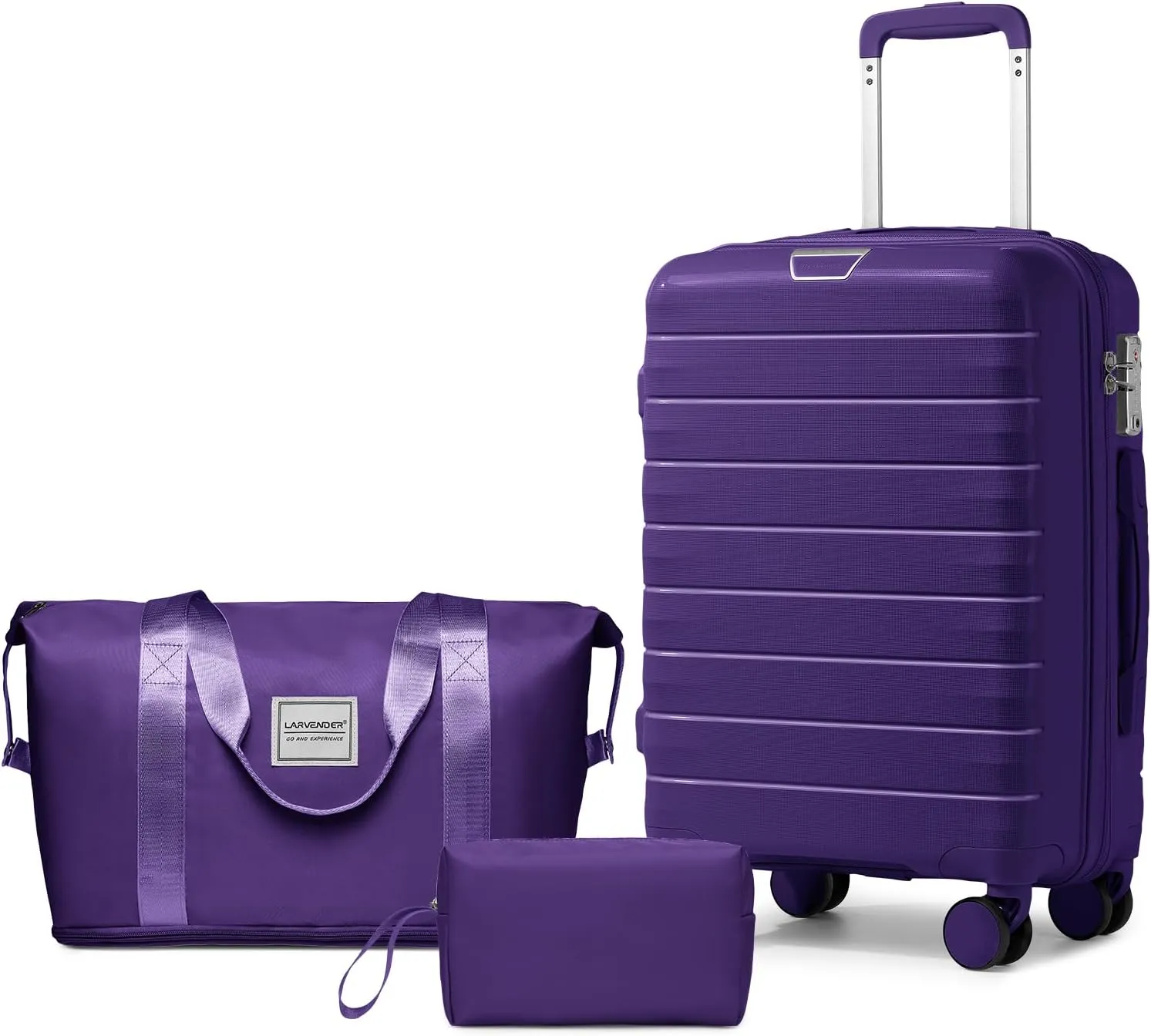 LARVENDER Luggage Sets 3 Piece with Duffel Bag Hardside PP Carry On Suitcase with 360 Spinner Wheels TSA Lock Luggage Sets for Women, Grape Purple