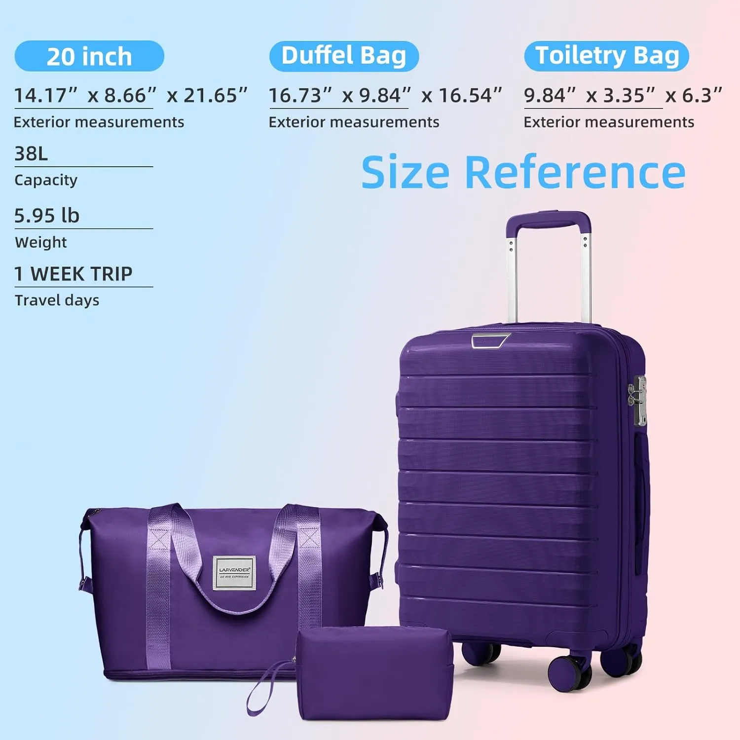 LARVENDER Luggage Sets 3 Piece with Duffel Bag Hardside PP Carry On Suitcase with 360 Spinner Wheels TSA Lock Luggage Sets for Women, Grape Purple