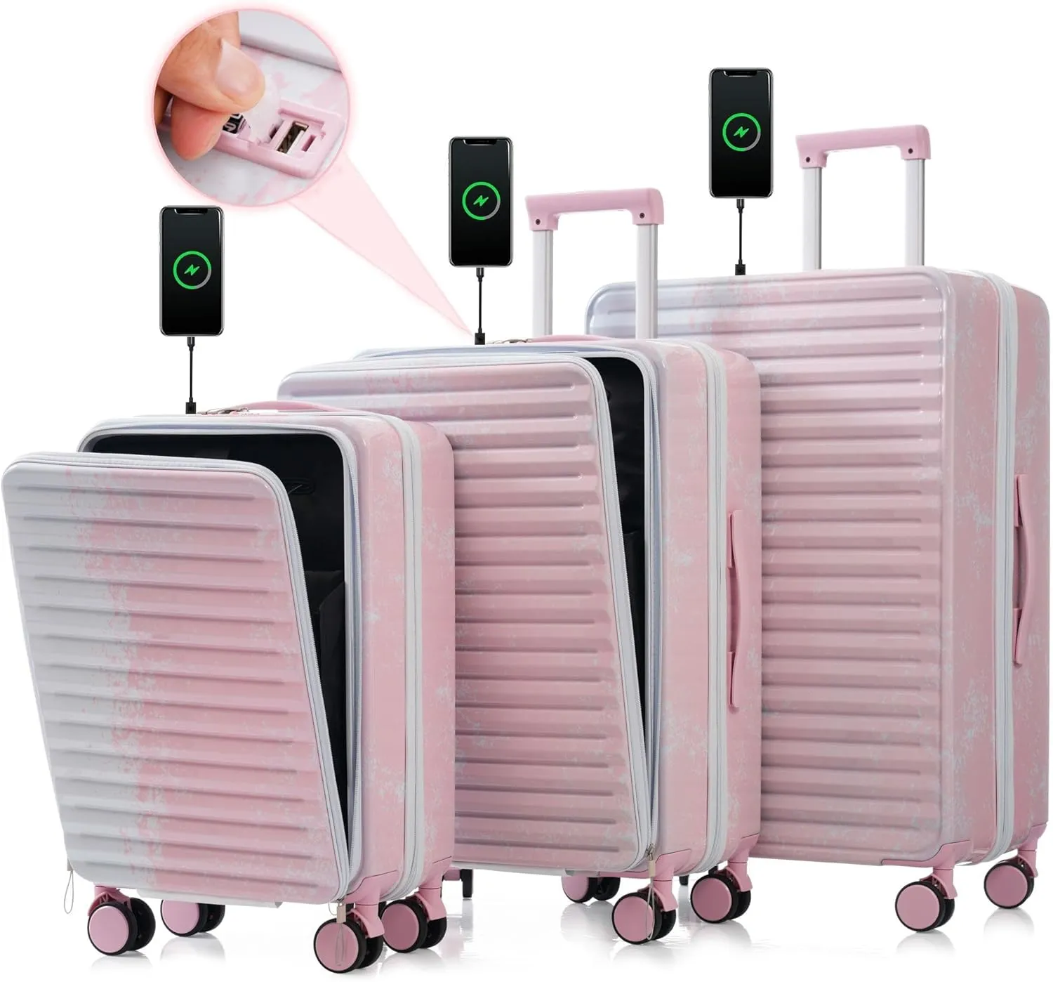 Linique 3 Piece Luggage Sets with ABS PC Hard Shell, Carry on Luggage with TSA Lock, Cup Holder, USB Port, Suitcase Set with Spinner Wheels, Gradient Pink (20"/24"/28")