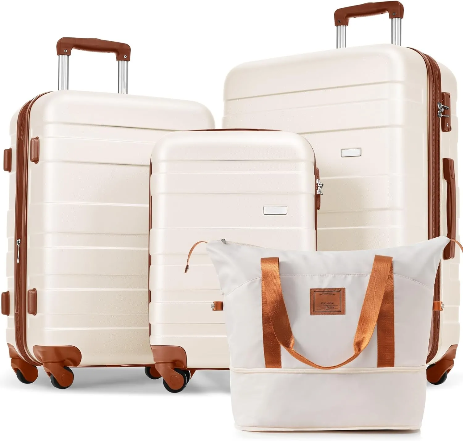 Luggage 4 Piece Sets 20/24/28" with Travel Bag Hardshell Travel SuitcaseS,Four Multi-Directional Wheels Suitcase with TSA Lock Rolling Suitcase Material ABS (Ivory  Brown)