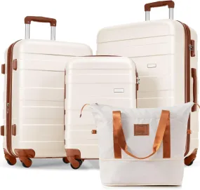 Luggage 4 Piece Sets 20/24/28" with Travel Bag Hardshell Travel SuitcaseS,Four Multi-Directional Wheels Suitcase with TSA Lock Rolling Suitcase Material ABS (Ivory  Brown)