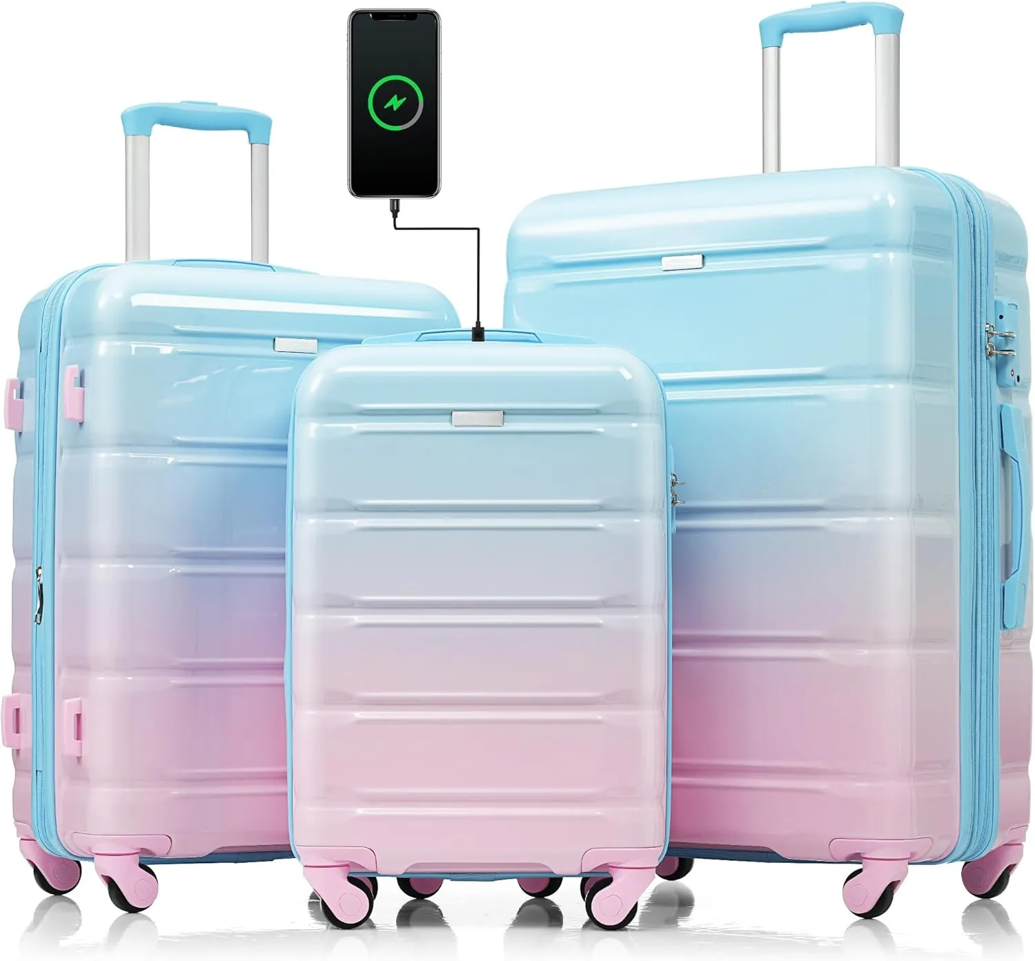 Merax Luggage Set of 3 with 20-inch Carry On USB Port Cup Holder ABS PC Hardshell Spinner Wheels TSA Approved Durable Expandable Suitcase for Travel Men Women (3, Pink Blue, 20"  24"  28")