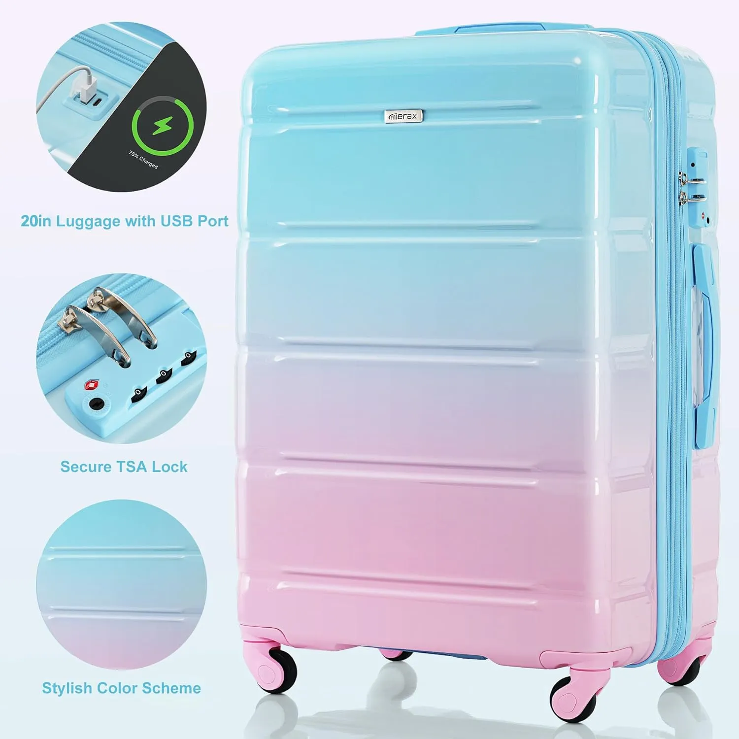 Merax Luggage Set of 3 with 20-inch Carry On USB Port Cup Holder ABS PC Hardshell Spinner Wheels TSA Approved Durable Expandable Suitcase for Travel Men Women (3, Pink Blue, 20"  24"  28")