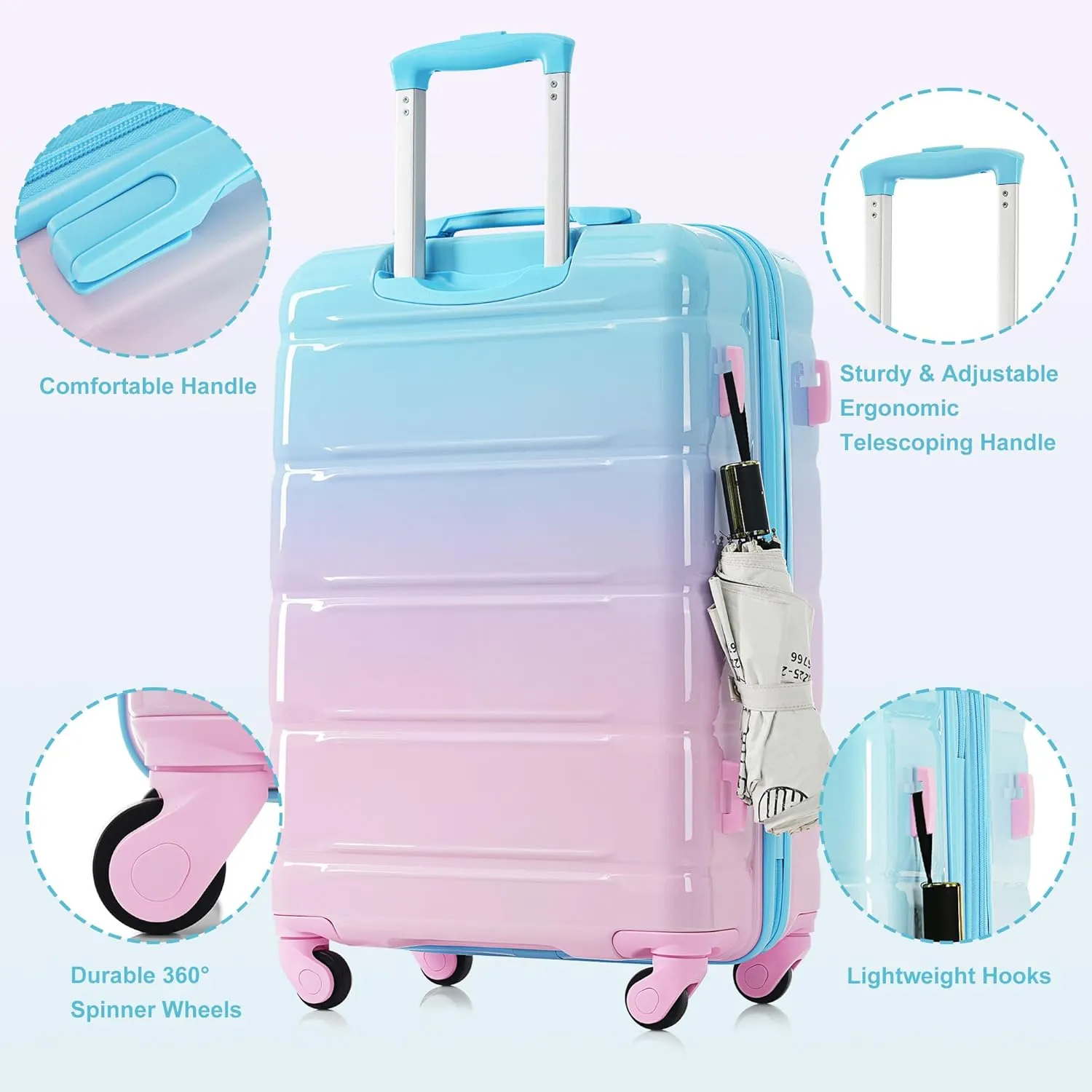Merax Luggage Set of 3 with 20-inch Carry On USB Port Cup Holder ABS PC Hardshell Spinner Wheels TSA Approved Durable Expandable Suitcase for Travel Men Women (3, Pink Blue, 20"  24"  28")