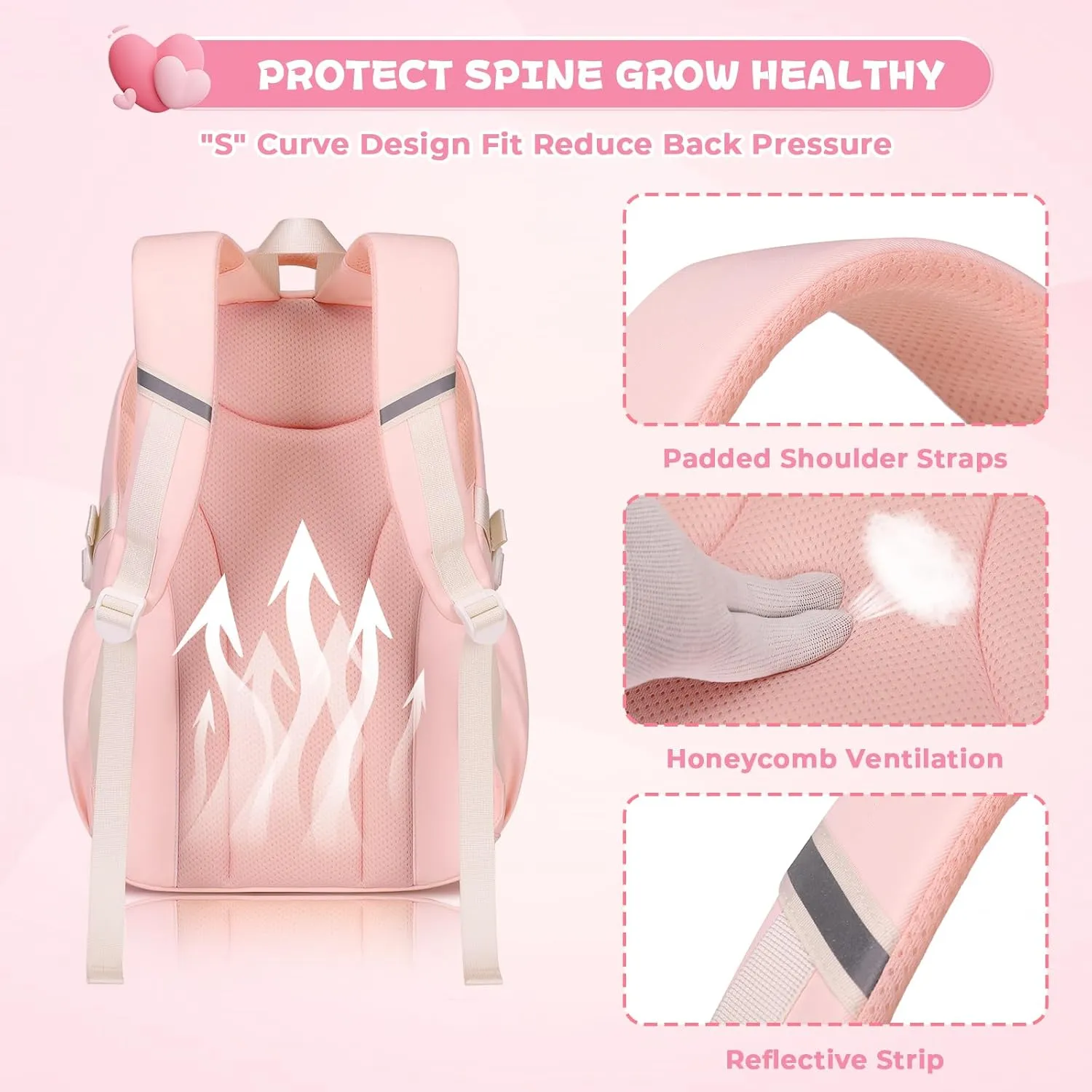 MOONBABY Girls Backpack, Kids Backpack for Girls, School Bag for Primary Elementary Teenage, Middle Students Bookbag, Kawaii School Backpacks for Girl Ages 8-12, Pink