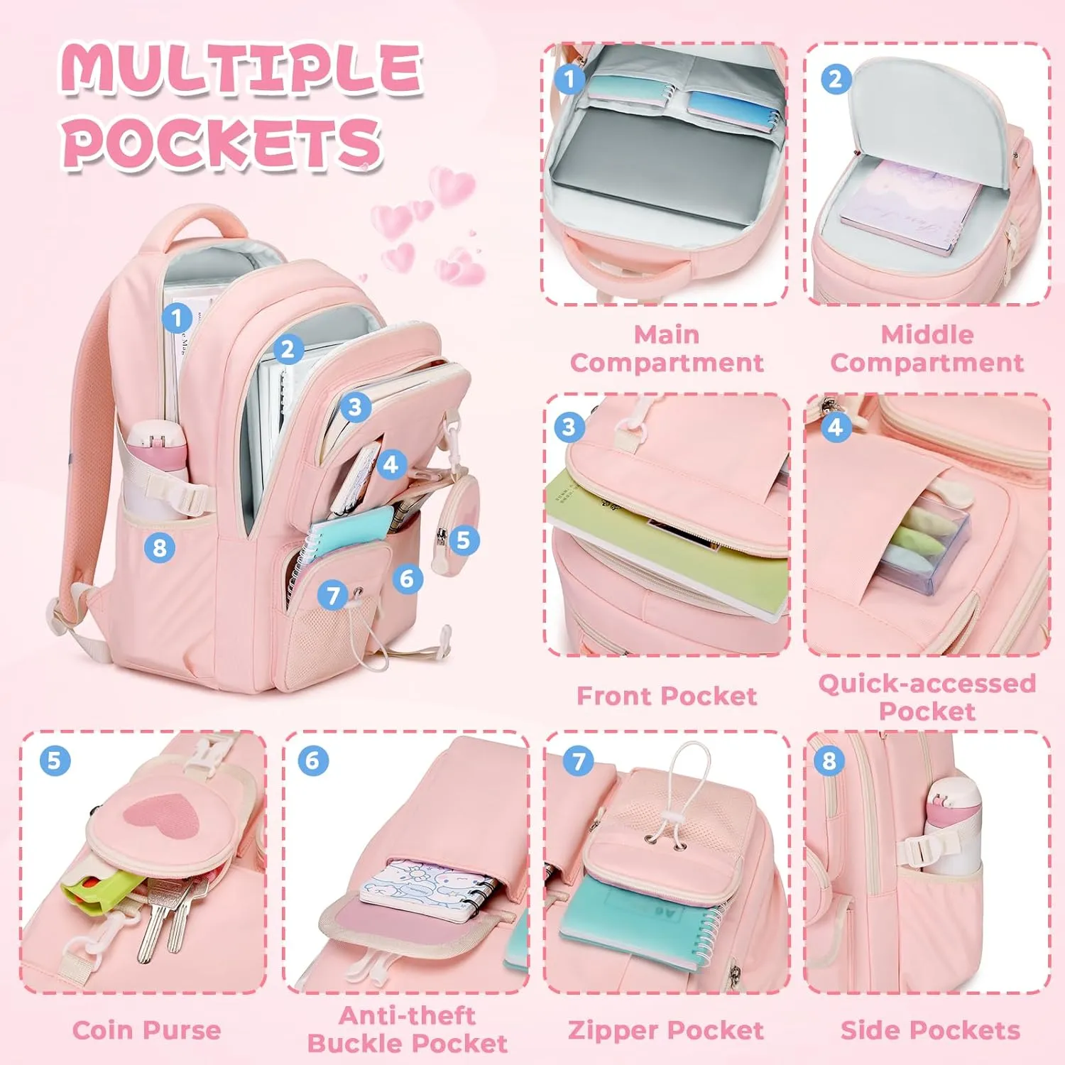 MOONBABY Girls Backpack, Kids Backpack for Girls, School Bag for Primary Elementary Teenage, Middle Students Bookbag, Kawaii School Backpacks for Girl Ages 8-12, Pink