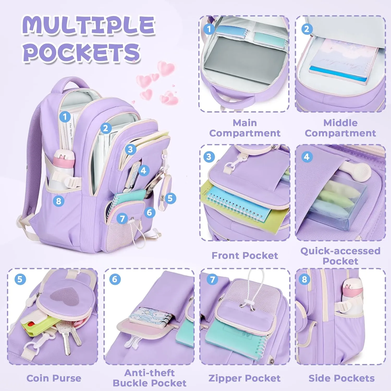 MOONBABY Girls Backpack, Kids Backpack for Girls, School Bag for Primary Elementary Teenage, Middle Students Bookbag, Kawaii School Backpacks for Girl Ages 8-12, Purple
