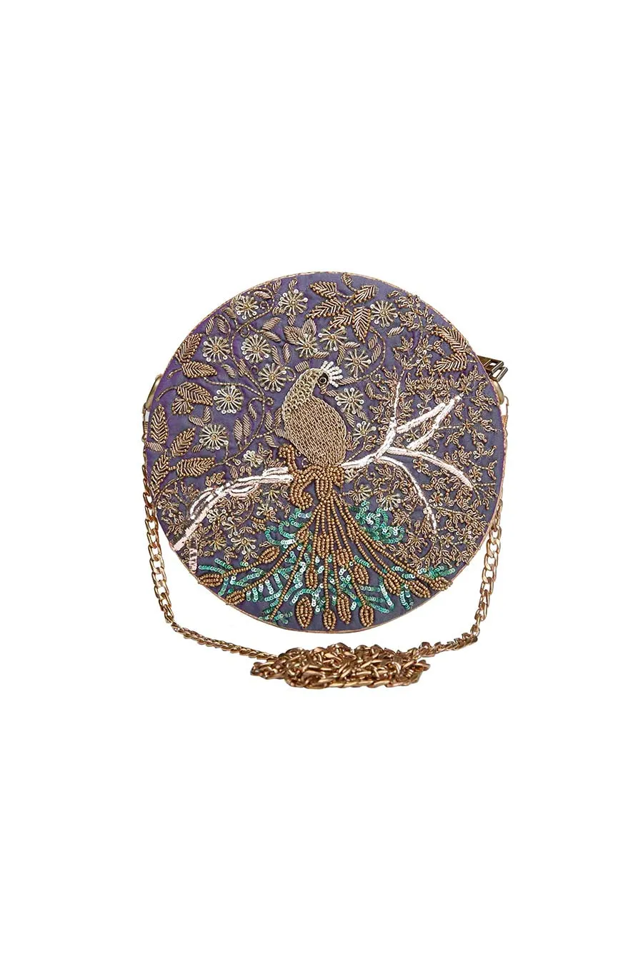 Purple Peacock Ornate Hand-Embroidered Clutch