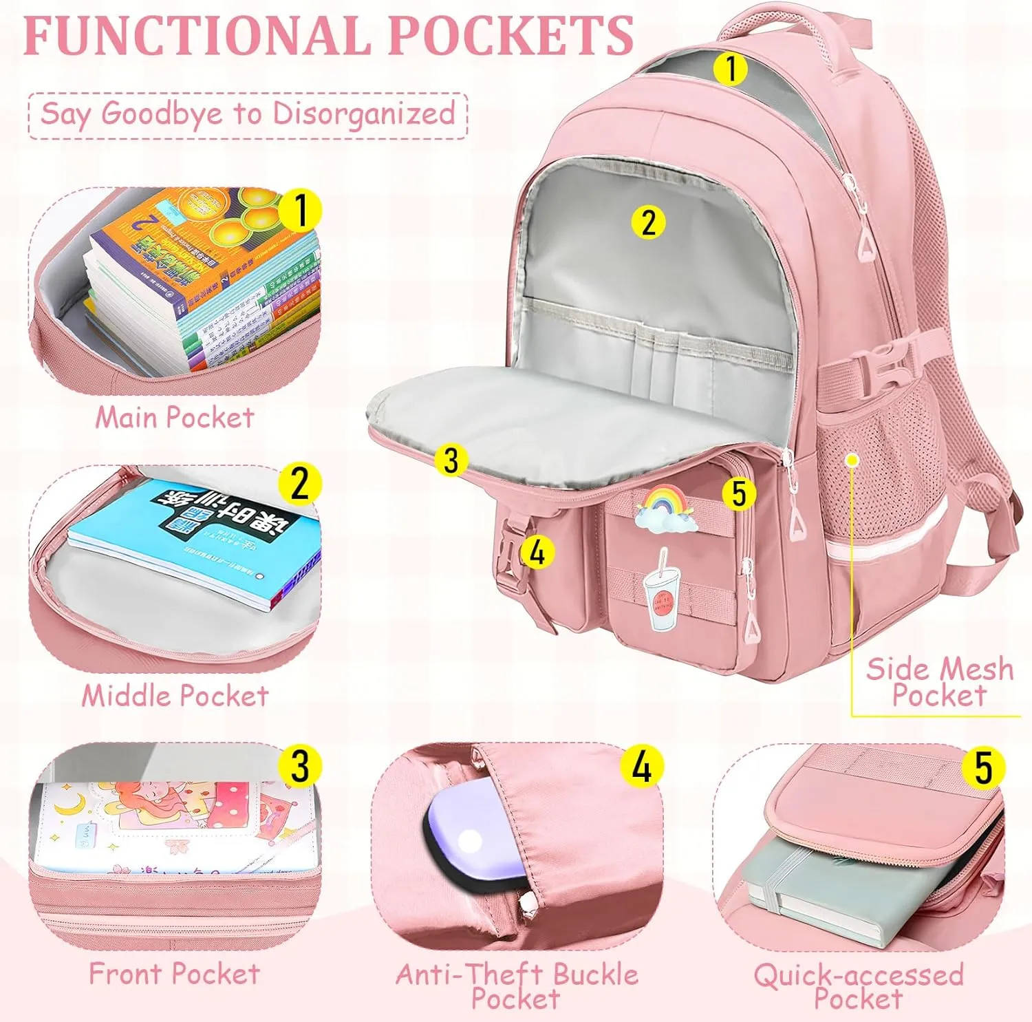 School Backpack for Girls - 5pcs Cute Girls Backpack with Lunch Box for Teens Kids Elementary Middle School - 17″ Students Bookbag Travel Back Pack for Age 6-18