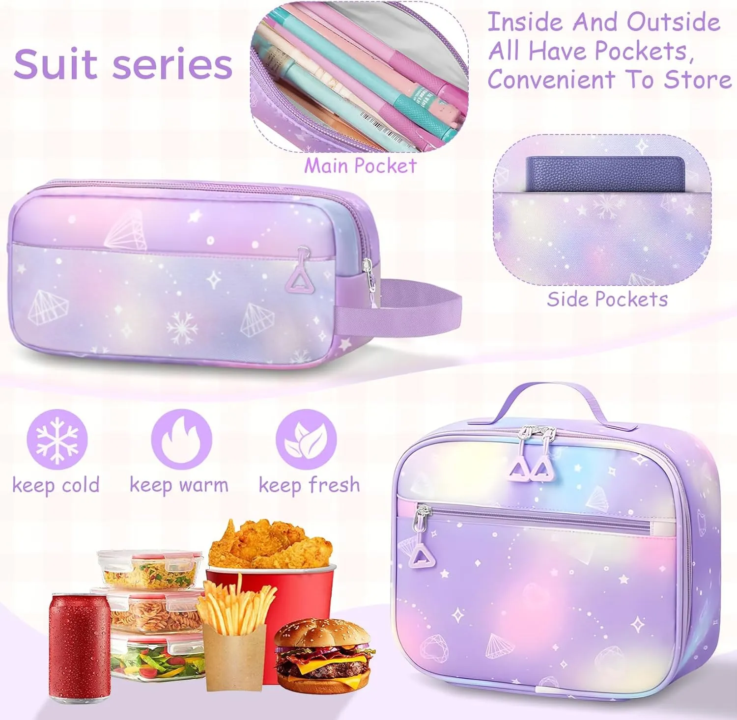 School Backpack for Girls - 5pcs Cute Girls Backpack with Lunch Box for Teens Kids Elementary Middle School - 17″ Students Bookbag Travel Back Pack for Age 6-18