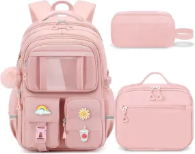 School Backpack for Girls - 5pcs Cute Girls Backpack with Lunch Box for Teens Kids Elementary Middle School - 17″ Students Bookbag Travel Back Pack for Age 6-18