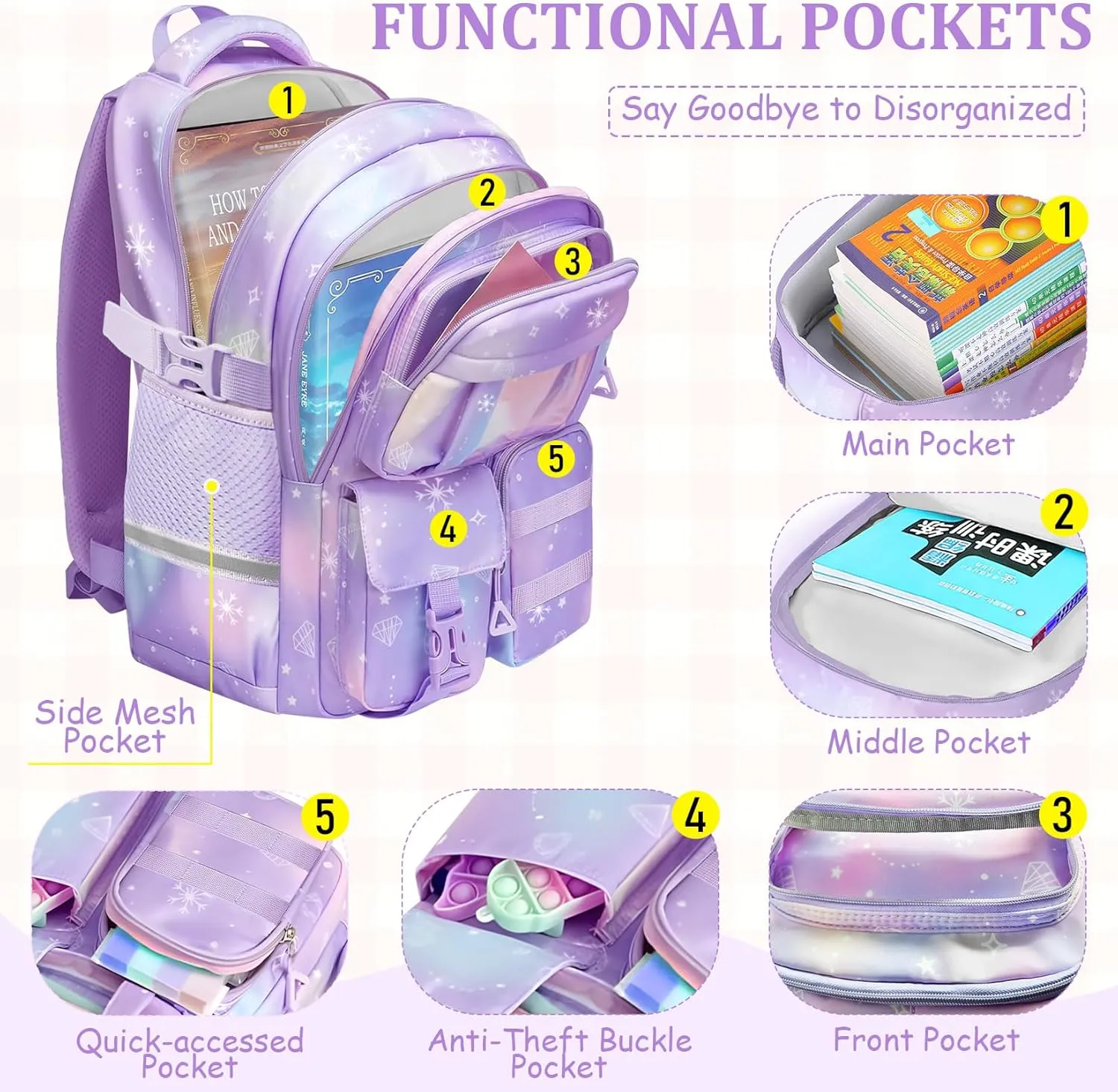 School Backpack for Girls - 5pcs Cute Girls Backpack with Lunch Box for Teens Kids Elementary Middle School - 17″ Students Bookbag Travel Back Pack for Age 6-18
