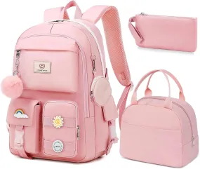 School Backpack For Girls - 6pcs Cute Girls Backpack With Lunch Box Set For Teens Women College Middle High School - 18″ School Bookbag Travel Back Pack