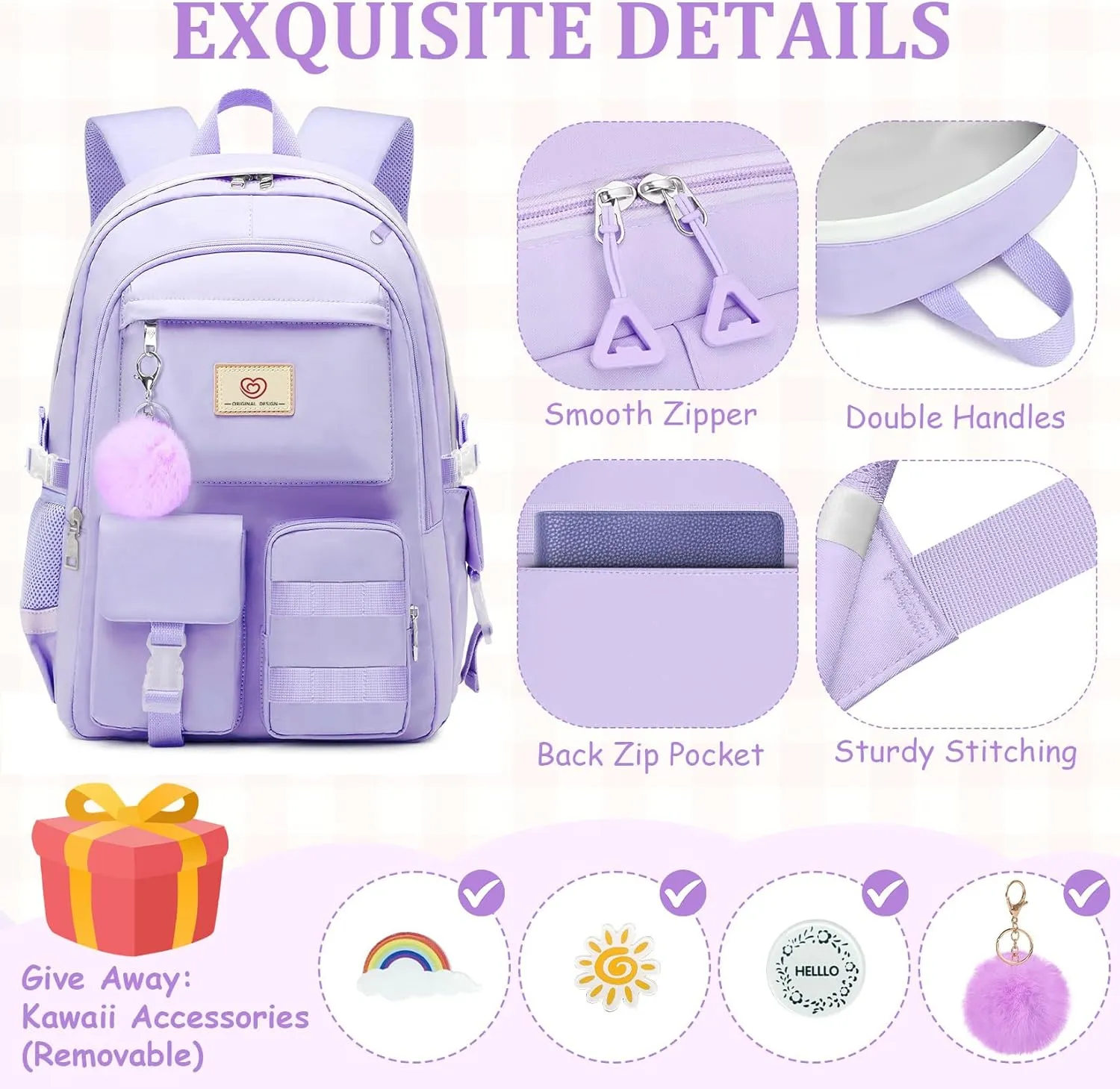 School Backpack For Girls - 6pcs Cute Girls Backpack With Lunch Box Set For Teens Women College Middle High School - 18″ School Bookbag Travel Back Pack