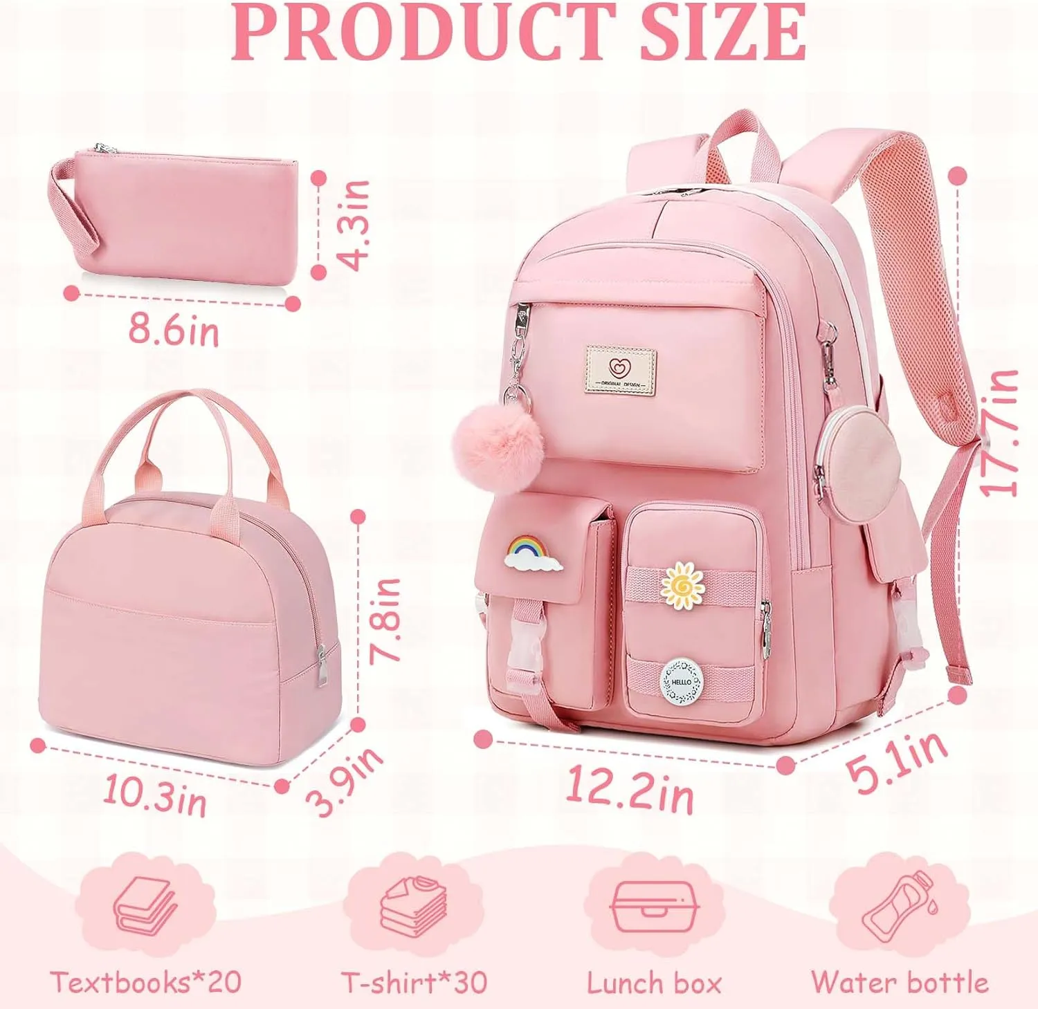 School Backpack For Girls - 6pcs Cute Girls Backpack With Lunch Box Set For Teens Women College Middle High School - 18″ School Bookbag Travel Back Pack