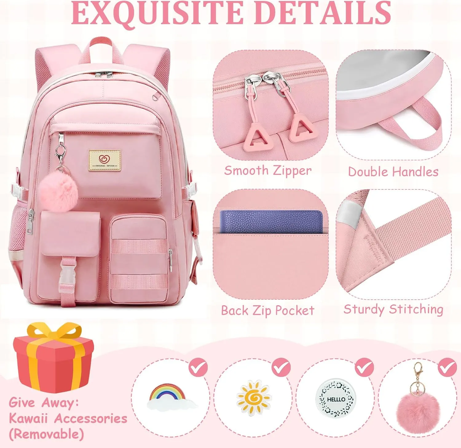 School Backpack For Girls - 6pcs Cute Girls Backpack With Lunch Box Set For Teens Women College Middle High School - 18″ School Bookbag Travel Back Pack