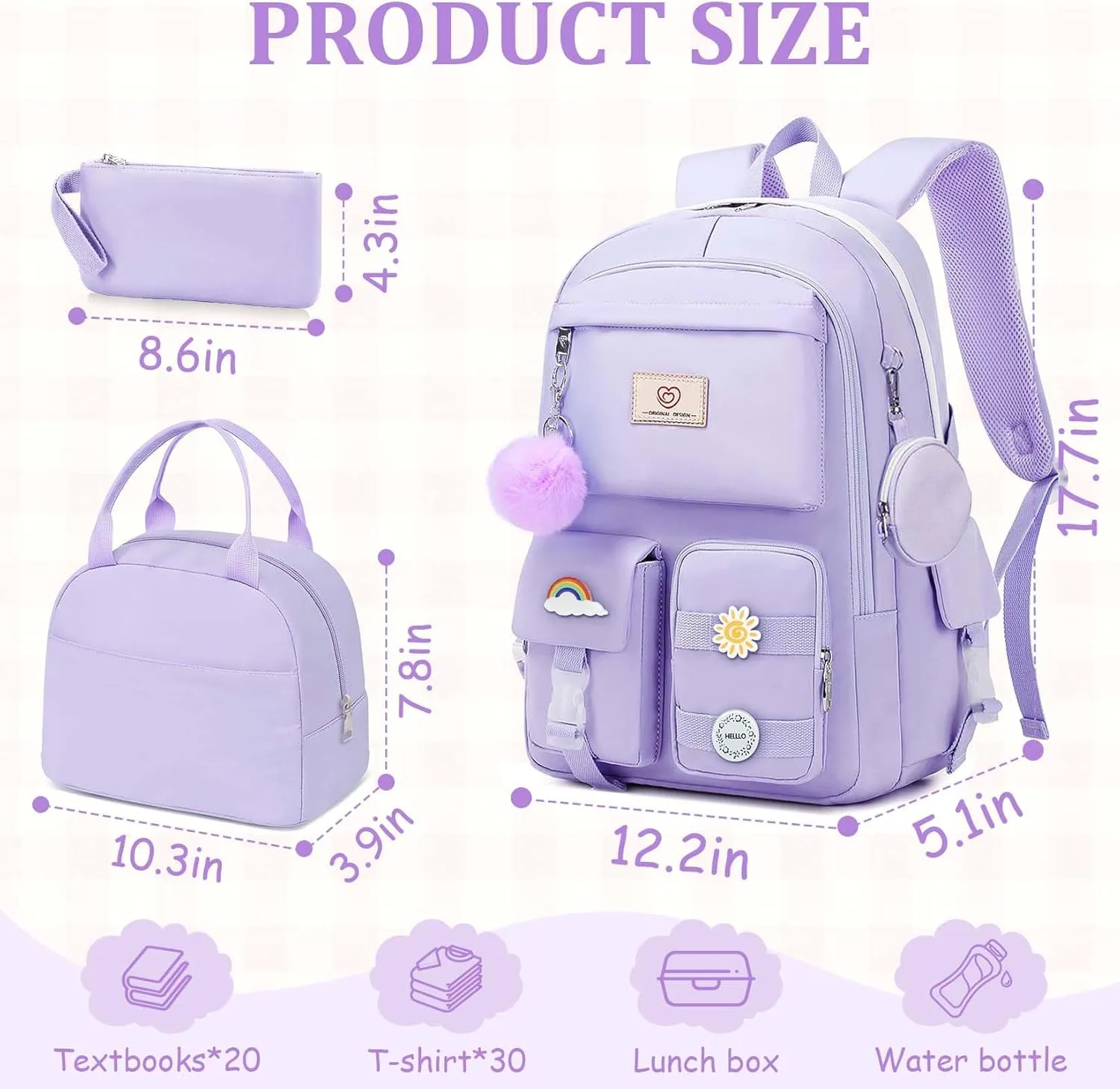 School Backpack For Girls - 6pcs Cute Girls Backpack With Lunch Box Set For Teens Women College Middle High School - 18″ School Bookbag Travel Back Pack