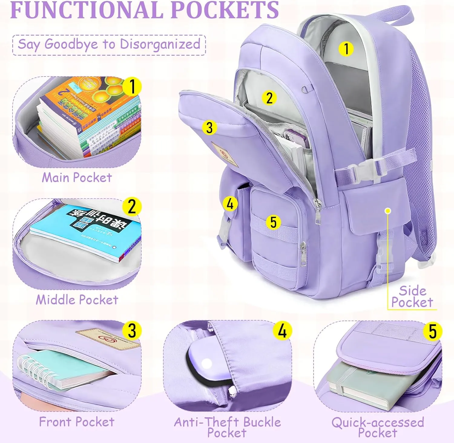 School Backpack For Girls - 6pcs Cute Girls Backpack With Lunch Box Set For Teens Women College Middle High School - 18″ School Bookbag Travel Back Pack