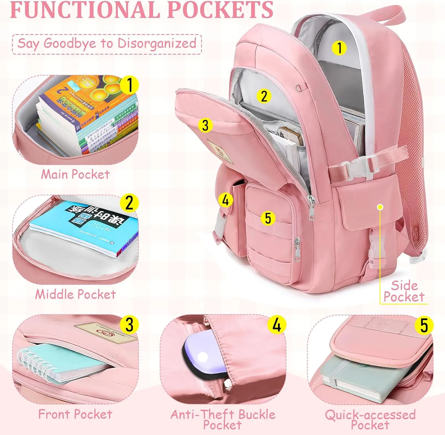 School Backpack For Girls - 6pcs Cute Girls Backpack With Lunch Box Set For Teens Women College Middle High School - 18″ School Bookbag Travel Back Pack